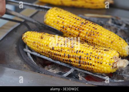 Grilling corn on a barbecue in an outdoor setting Stock Photo