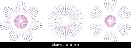 This image showcases three abstract circular designs featuring vibrant radial lines converging towards a glowing center. Stock Vector