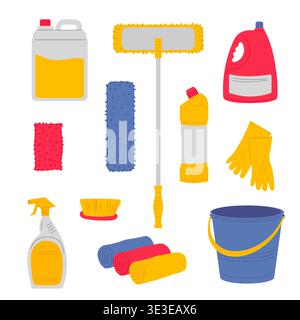 Professional cleaning set: cleaning products, household chemicals, mop, wipes, bucket , everything for quality cleaning. Stock Vector