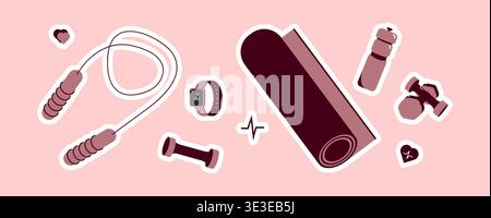 Flat vector illustration of various sport and Medical equipment for body health registration on pink background.  Stock Vector