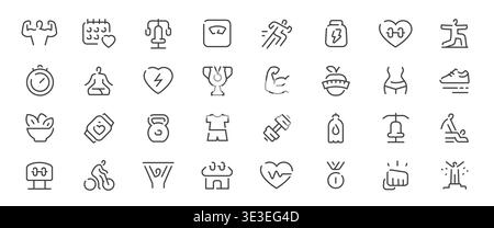 Fitness and sport line icons set. Gym and workout outline vector symbols collection Stock Vector