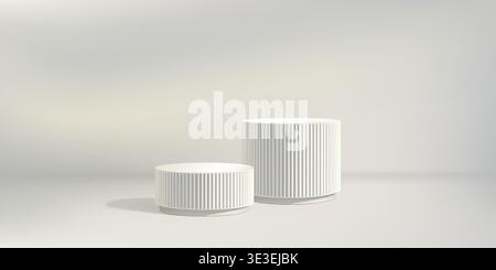 White poduim bg, ribbed column pillar 3d render. Product discount marble stand, fluted elegant pedestal on pastel limbo. Cosmetic promotion empty Stock Vector