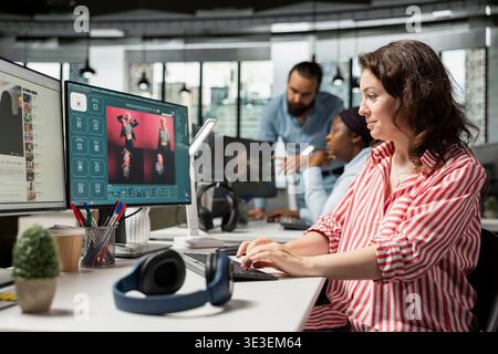 Text to image generating, photo editor, AI generative models, for commercial content, advertising agency worker using virtual assistant chatbot to generate materials for post production. Stock Photo