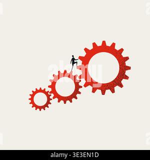 Business automation process solution vector concept with businessman climbing red gears minimal illustration symbol. Stock Vector