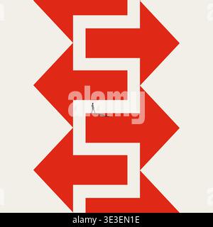 Businessman walking red arrow path labyrinth vector concept minimal illustration for career journey and corporate mission Stock Vector
