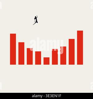 Businesswoman jumping over red chart recession dip vector concept minimal illustration for risk management. Stock Vector