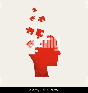 Red head silhouette with falling puzzle pieces, mental health issues, depression, anxiety. Vector illustration concept. Stock Vector