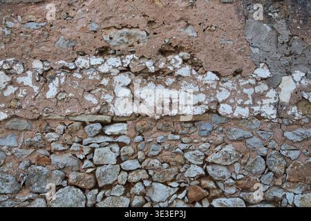 Close-Up Of An Old Stone And Plaster Wall With Flaking Paint And Exposed Rocks.Tags Stock Photo
