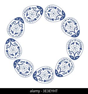 Decorative Easter eggs wreath in Nordic blue line art style. Vector isolated illustration in white background  Stock Vector