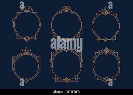 Set of six round art deco frames with thin geometric ornamental lines on dark blue background. Vintage luxury design and decorative templates Stock Vector