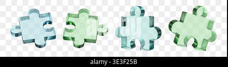 Transparent 3D glass puzzle piece, green blue fusion icon. Isometric perspective render for assemble part. Join jigsaw fragments with logic to solve Stock Vector