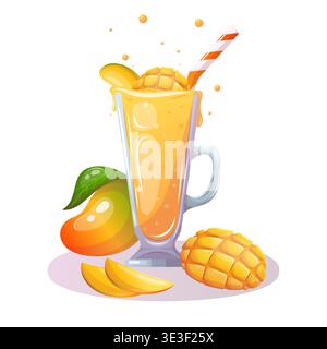 Vector illustration of glass of mango smoothie with fresh fruit Stock Vector