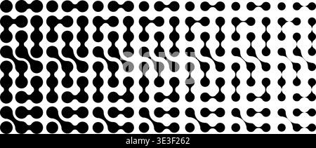 Connected liquid or nano dots pattern with vanishing effect. Disappearing organic amorphous shapes texture. Linked metaballs, molecules or cells transition background. Vector graphic illustration. Stock Vector