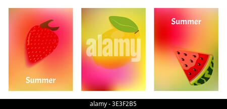 Summer set poster Abstract colorful gradient and fruit element mesh background. Design social media posts, landing pages, and apps. Vector illustration. Stock Vector