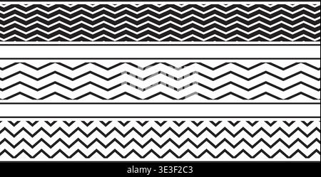 Set of horizontal borders or dividers with zigzag pattern isolated on white background. Tapes with jagged lines print. Design elements with simple Stock Vector