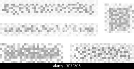 Set of gray censorship checkered textures on white background. Mosaic pixelated patterns for blurred text, image or another prohibited, banned or Stock Vector