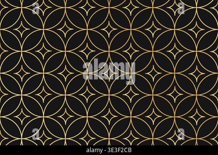 Art deco or boho pattern with repeated overlapped golden circles and bling shapes on black background. Luxury geometric print. Elegant minimalistic wallpaper. Golden ornament. Vector illustration. Stock Vector