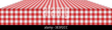 Picnic or kitchen table surface with checkered red and white gingham tablecloth on it. Perspective view. Italian cafe or restaurant interior element. Breakfast or dinner concept. Vector illustration. Stock Vector