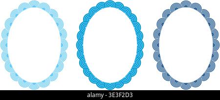 Oval frames with seigaiha print with blue overlapped semicircles. Elliptic vignettes in maritime oriental style isolated on white background. Frameworks with waves borders. Vector flat illustration. Stock Vector