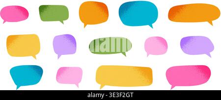 Set of cute speech bubbles with gritty noise textures. Dialogue balloons, text boxes, quotation stickers, message clouds, idea labels with grunge shadows in corners. Vector cartoon illustration. Stock Vector
