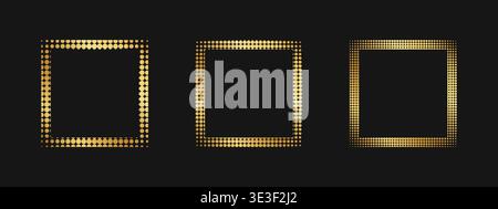 Set of golden square frames with faded polka dot borders. Gold quadrangular shapes with dotted, confetti or gritty texture isolated on black background. Luxury design elements. Vector illustration. Stock Vector