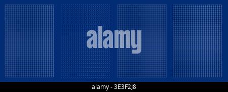 Collection of blueprint grid backgrounds on blue backdrop. regular graph paper, dotted matrix, sharp technical mesh rounded square lattice for engineering plans, school notes, UI layouts infographic. Stock Vector