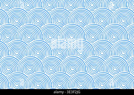 Repeated blue spiral shapes on white background. Sea or ocean waves pattern. Scalloped water or cloud print in oriental style. Abstract minimalist Asian ornament. Vector graphic illustration. Stock Vector