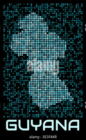 Guyana digital dotted map. Shape of the country in cyan color palette on dark background. Futuristic Guyana map design. Vector illustration. Stock Vector