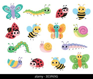 Funny insects. Ladybugs and butterflies, caterpillars and snails. Set of cute little cartoon characters. Vector illustration isolated on a white background. Stock Vector