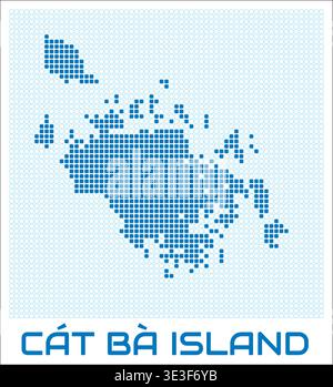 Cat Ba Island digital style map with blue rounded rectangle dots. Vietnam. Dotted boundary shape. Stock Vector