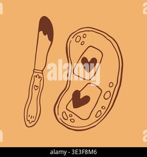 Hand drawn vector illustration of oval loaf of bread with textured crust details, butter, jam and knife. Minimalist brown line art icon of a fresh Stock Vector