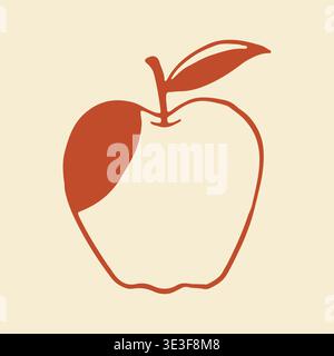 Hand drawn vector illustration of a ripe apple with a small leaf. Minimalist red line art icon of organic fruit for healthy lifestyle branding and Stock Vector