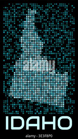 Idaho, United States digital dotted map. Shape of the state in cyan color palette on dark background. Futuristic Idaho, United States map design. Stock Vector