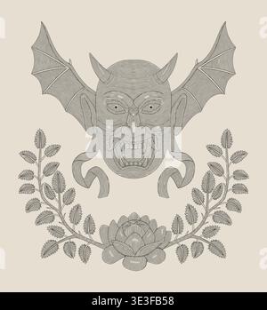 Hannya demon mask with bat wings, ribbon, and branch of rose flower, traditional japanese culture, vintage Engraving drawing style vector illustration Stock Vector