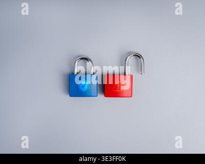Cybersecurity vs cyber threat concept with secure and vulnerable padlocks. Data protection versus data breach, risk management strategy and system sec Stock Photo