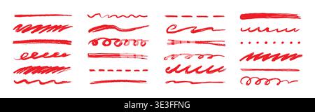 Line pencil red brush set. Line red underline brush pencil pen hand drawn stroke marker highlight.. Doodle scribble ink sketch strike through note sign texture grunge. Vector illustration Stock Vector