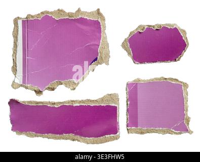 Collection of Distressed Purple Cardboard Pieces with Rough Ripped Borders isolated on white background with clipping path Stock Photo