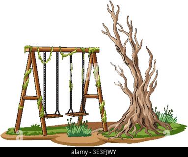 Vector illustration of empty wooden swings and leafless tree, overgrown with moss, isolated background Stock Vector
