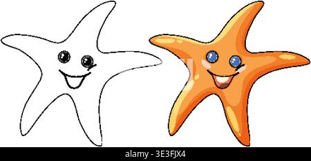 Happy orange starfish character and black outline version isolated on a plain white background Stock Vector
