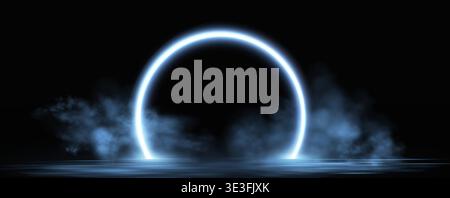 Neon ring with glowing blue light effects, futuristic portal gateway, vibrant smoke and LED illumination. abstract vector frame composition. Stock Vector