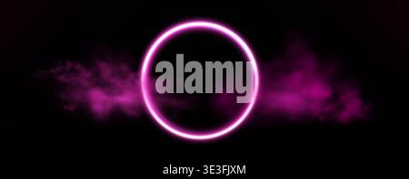 Neon ring with glowing and light effects, futuristic portal gateway, vibrant smoke and LED illumination. abstract vector frame composition. Stock Vector