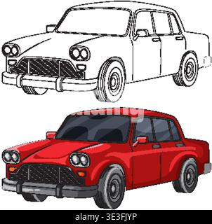 Vector classic red sedan with glossy shading and matching blackâoutline version on white background Stock Vector