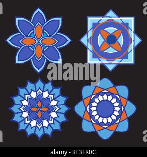 Four intricate geometric floral patterns in blue and orange, vector style, on black background Stock Vector