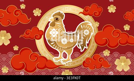 Traditional Chinese New Year vector art with golden rooster, red clouds, and cherry blossom flowers Stock Vector