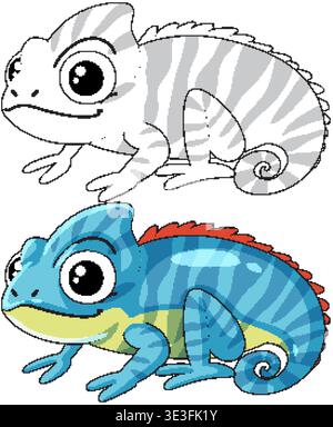 Two stylized chameleon illustrations including a colored version and a black and white outline Stock Vector