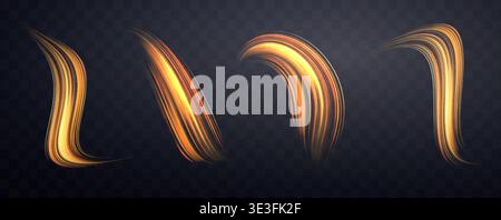 Glowing orange lines set. Neon realistic energy speed. Abstract light effect on a dark transparent background. Vector illustration. Stock Vector