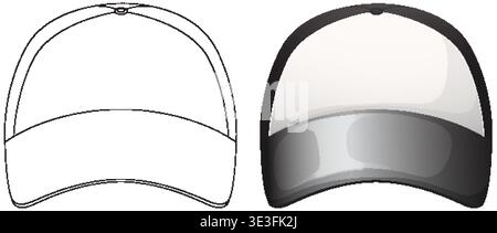 Two baseball cap illustrations, one outlined and one colored, clean vector style, frontal perspective Stock Vector