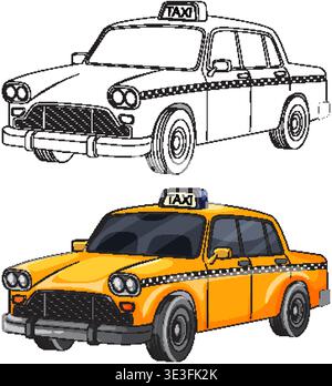 Vector illustration of classic yellow taxi car with separate black-and-white outline drawing for coloring Stock Vector