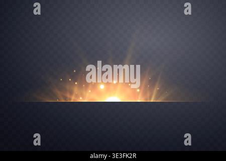 Orange horizontal lensflare. Light flash with rays or spotlight and bokeh. Orange glow flare light effect. Vector illustration. Isolated on dark Stock Vector