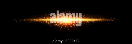 Orange horizontal reflection, lensflare. Light flash with rays or golden spotlight and particles. Yellow glow light effect. Vector illustration Stock Vector